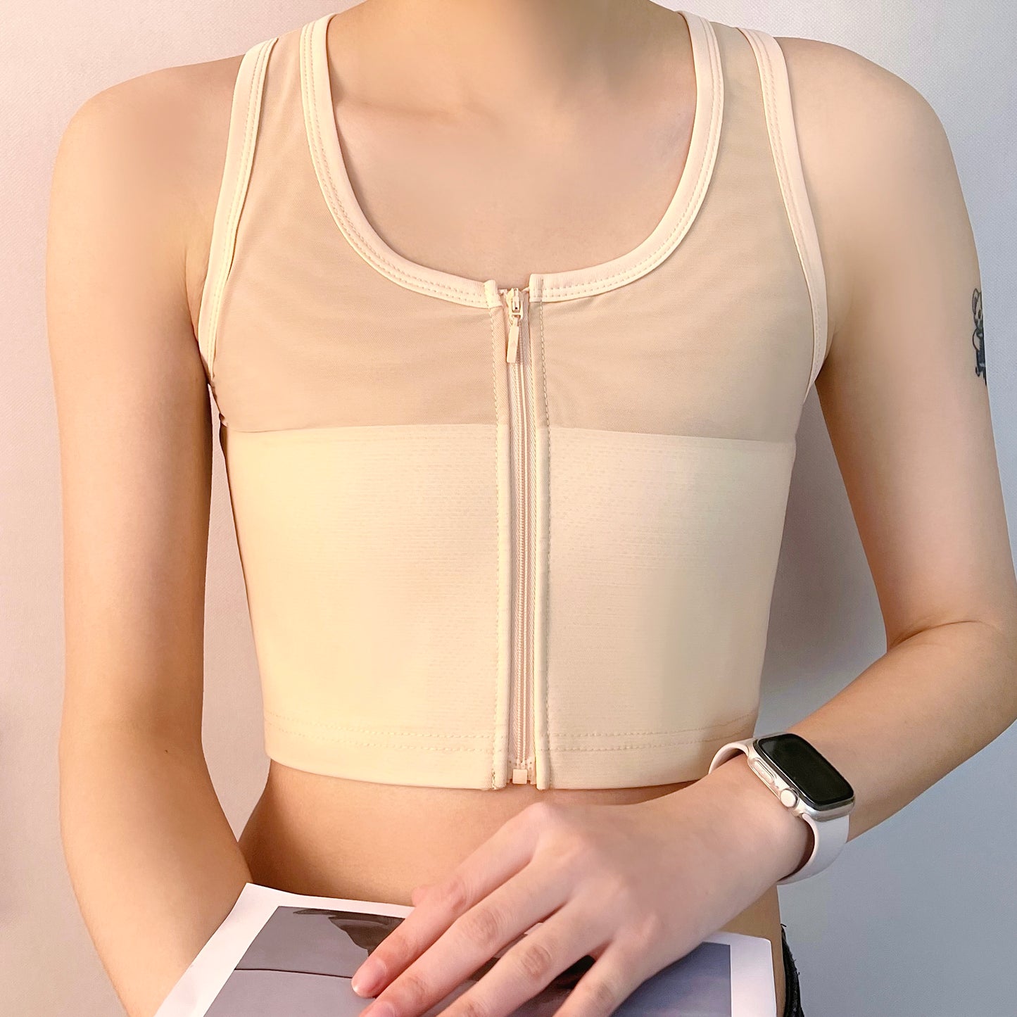 Half Mesh Zipper Front Bandage Top