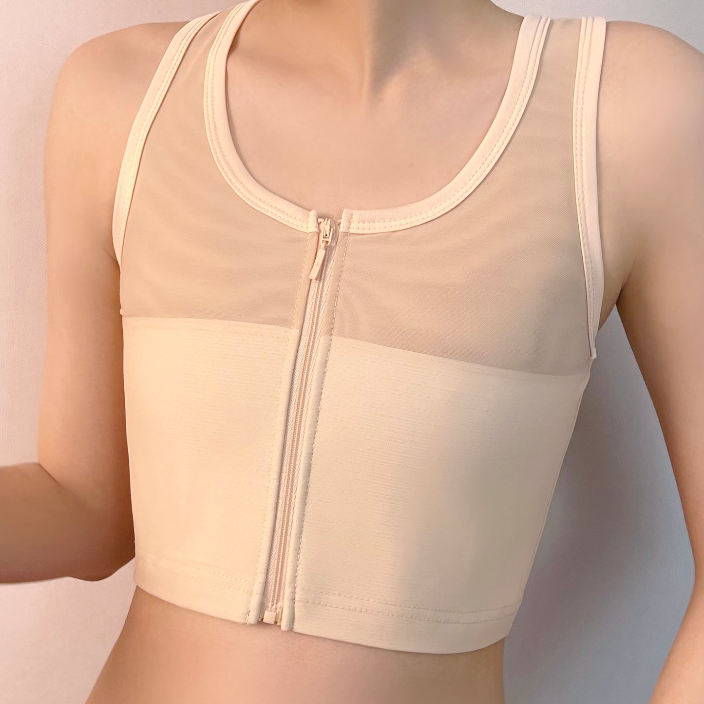 Half Mesh Zipper Front Bandage Top